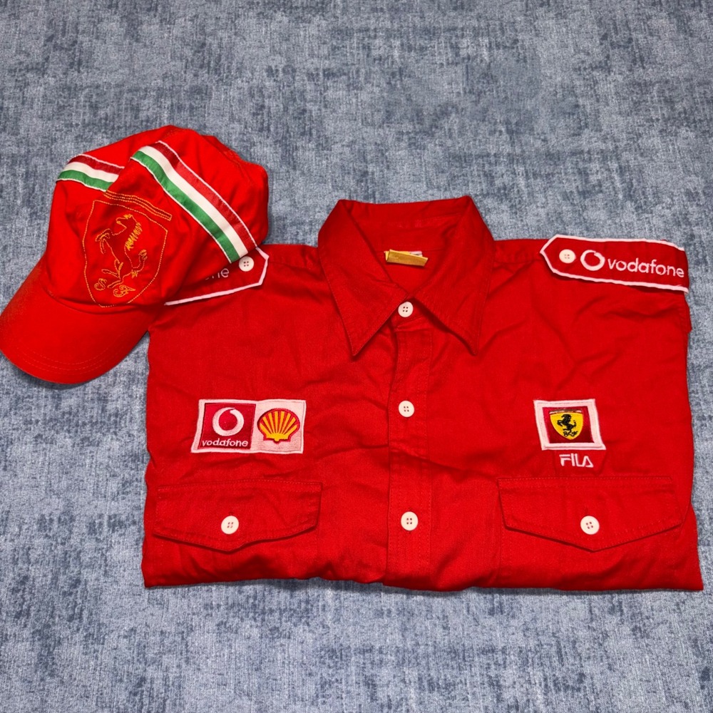 Vintage Ferrari F1 Racing Team Shirt XXL Vodafone Shell Fila Pit Crew & Hat Set